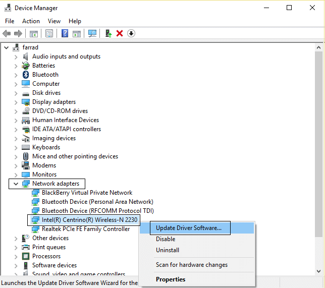 Adaptadores de rede clique com o botão direito e atualize os drivers