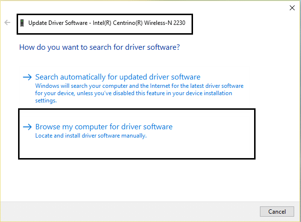 Procurar software de driver no meu computador | Corrigir o Windows não pode se conectar a este erro de rede