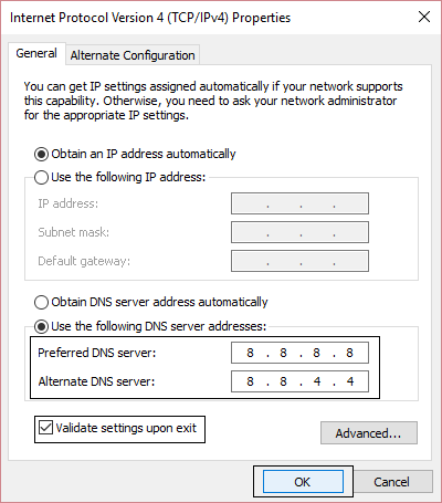 use os seguintes endereços de servidor DNS nas configurações de IPv4