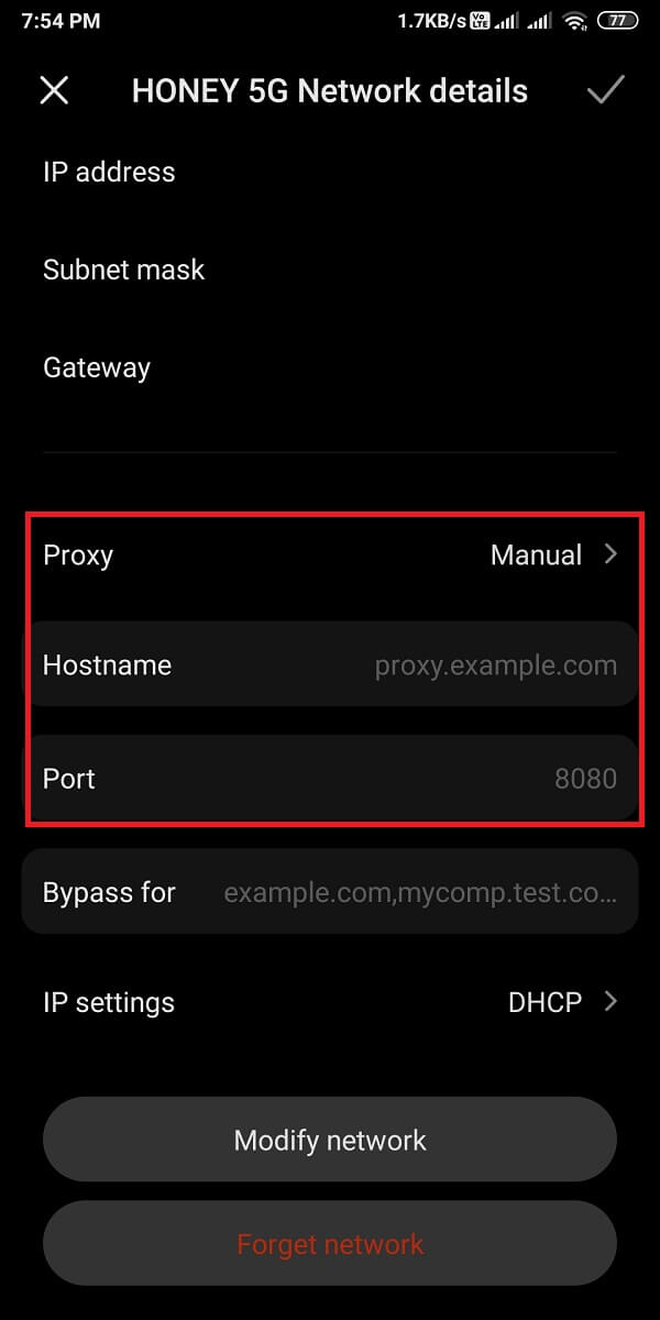 Appuyez sur "manuel" pour modifier vos paramètres de proxy en tapant votre nom d'hôte et votre port proxy.
