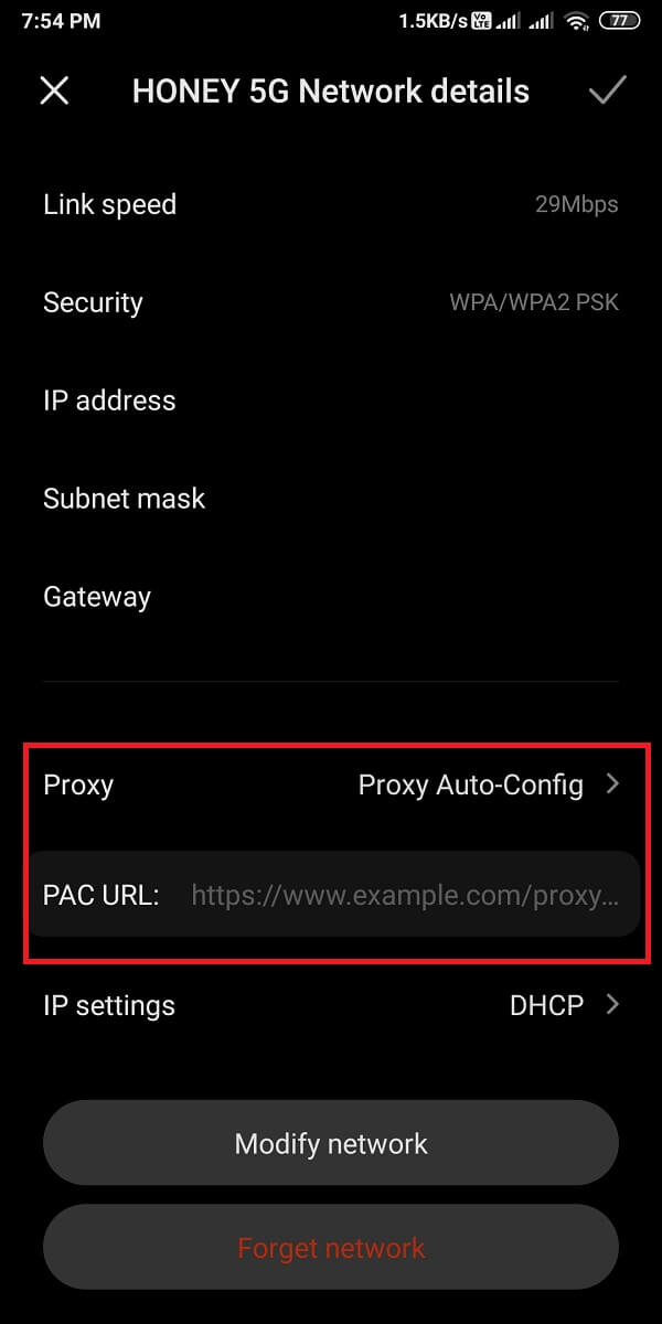 Choisissez l'option de configuration automatique du proxy, saisissez l'URL PAC. | Comment masquer votre adresse IP sur Android