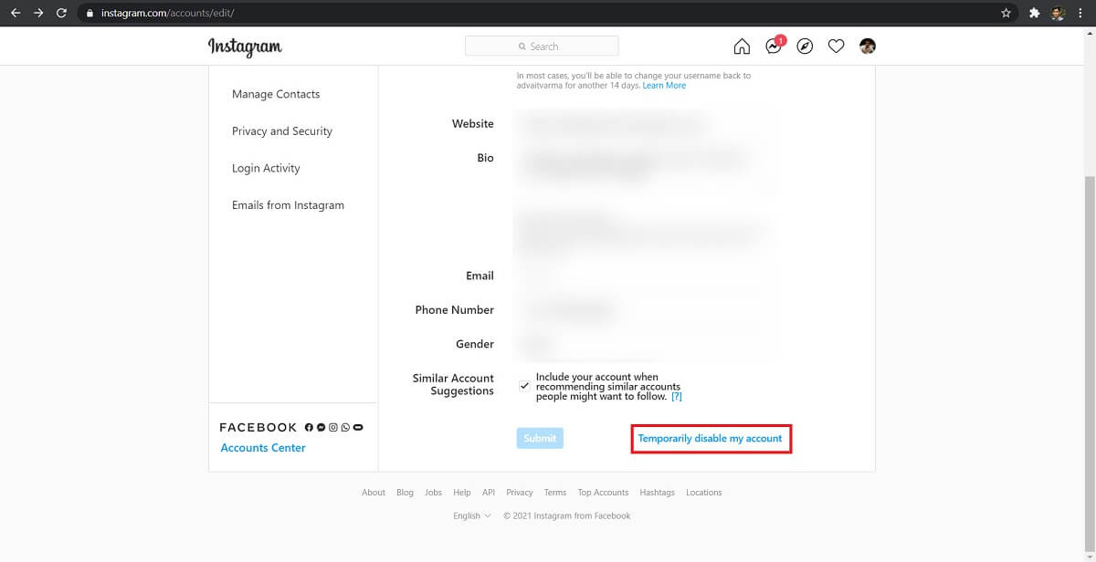 Aceasta va deschide meniul „Editați profilul”. Derulați în partea de jos și faceți clic pe „Dezactivați temporar contul meu”.