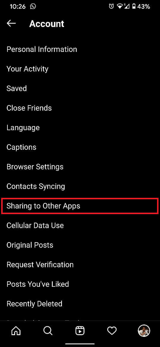 găsiți și atingeți opțiunea „Partajare cu alte aplicații”. | Remediați „Ne pare rău, a fost o problemă cu solicitarea dvs.” pe Instagram