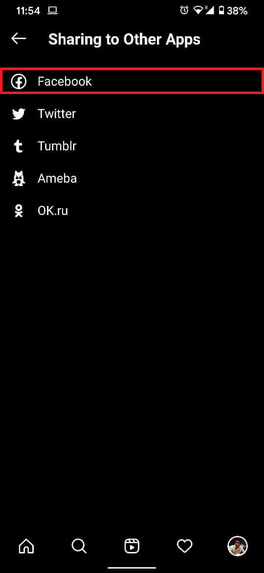 Prima opțiune din acest meniu ar trebui să fie Facebook, atingeți-l pentru a continua. | Remediați „Ne pare rău, a fost o problemă cu solicitarea dvs.” pe Instagram