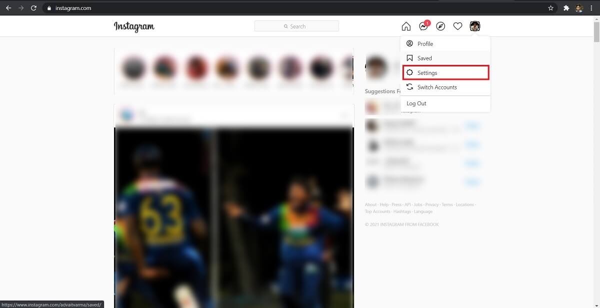 În meniul derulant care apare, faceți clic pe „Setări”. | Remediați „Ne pare rău, a fost o problemă cu solicitarea dvs.” pe Instagram