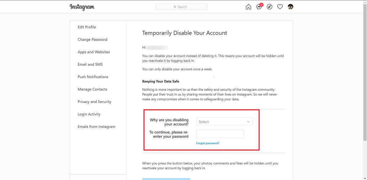 introduceți informațiile necesare, inclusiv motivul dezactivării și parola.