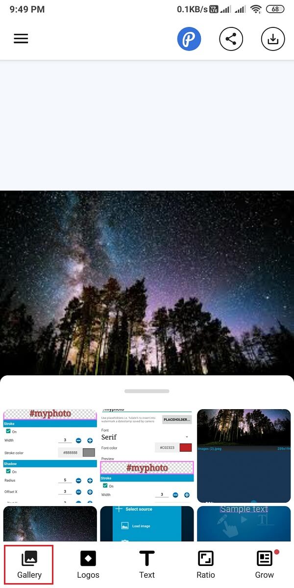 appuyez sur l'icône de la galerie pour choisir l'image pour ajouter le filigrane.