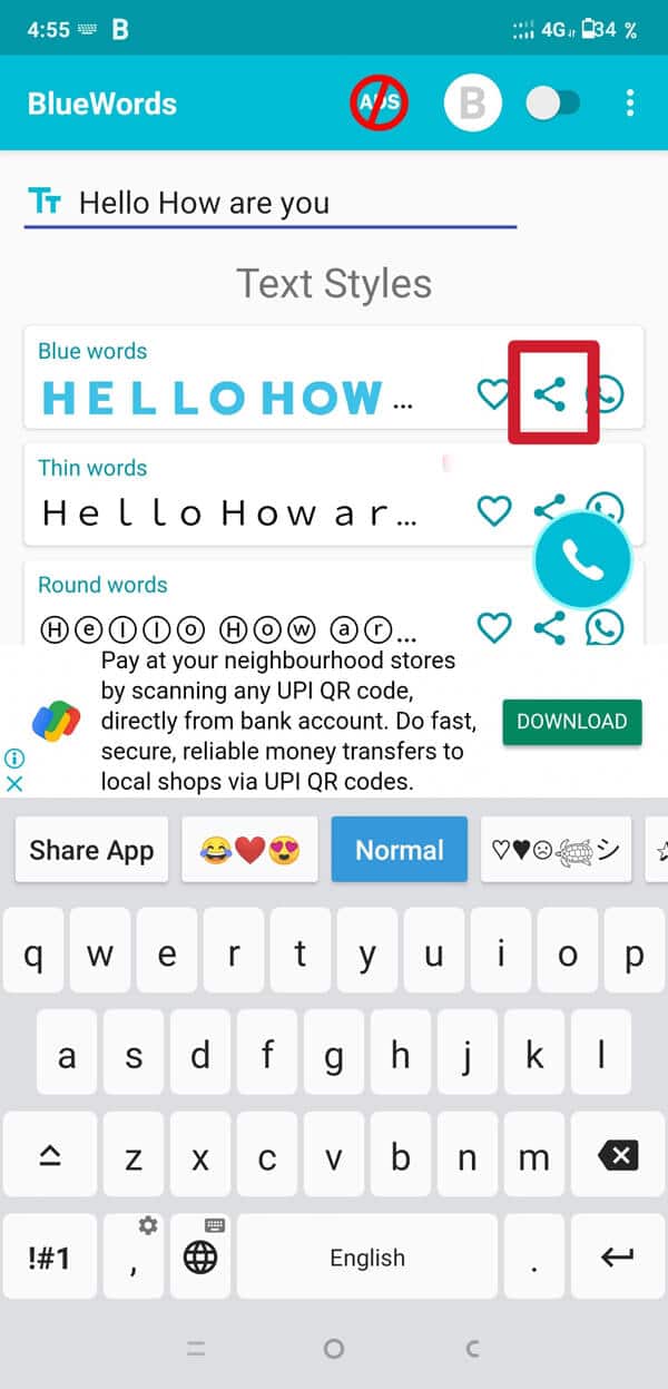 Appuyez sur le bouton Partager du style de police que vous souhaitez partager.