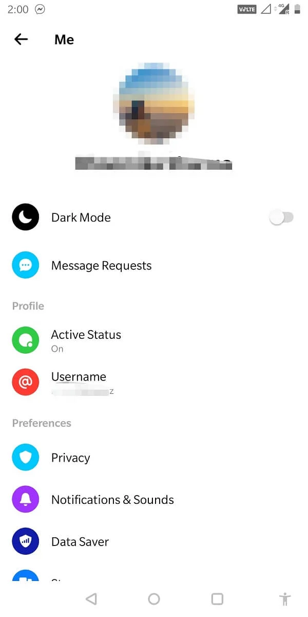 Ouvrez Facebook Messenger et appuyez sur votre photo de profil pour ouvrir le menu des paramètres.