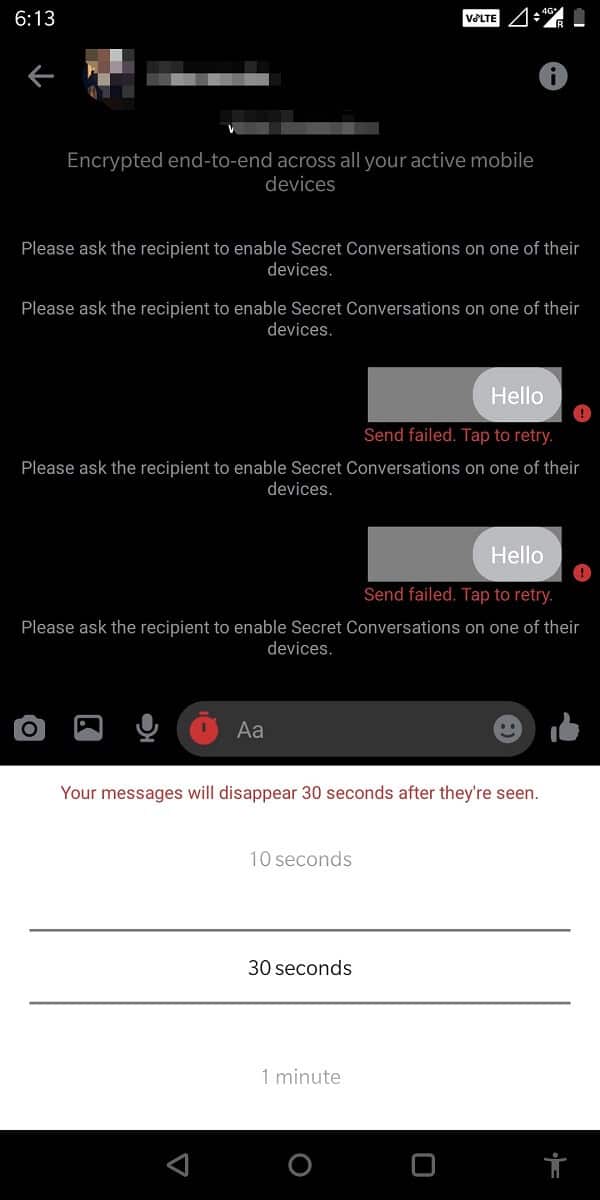 Dans le petit menu affiché en bas, sélectionnez la durée | Comment démarrer une conversation secrète sur Facebook