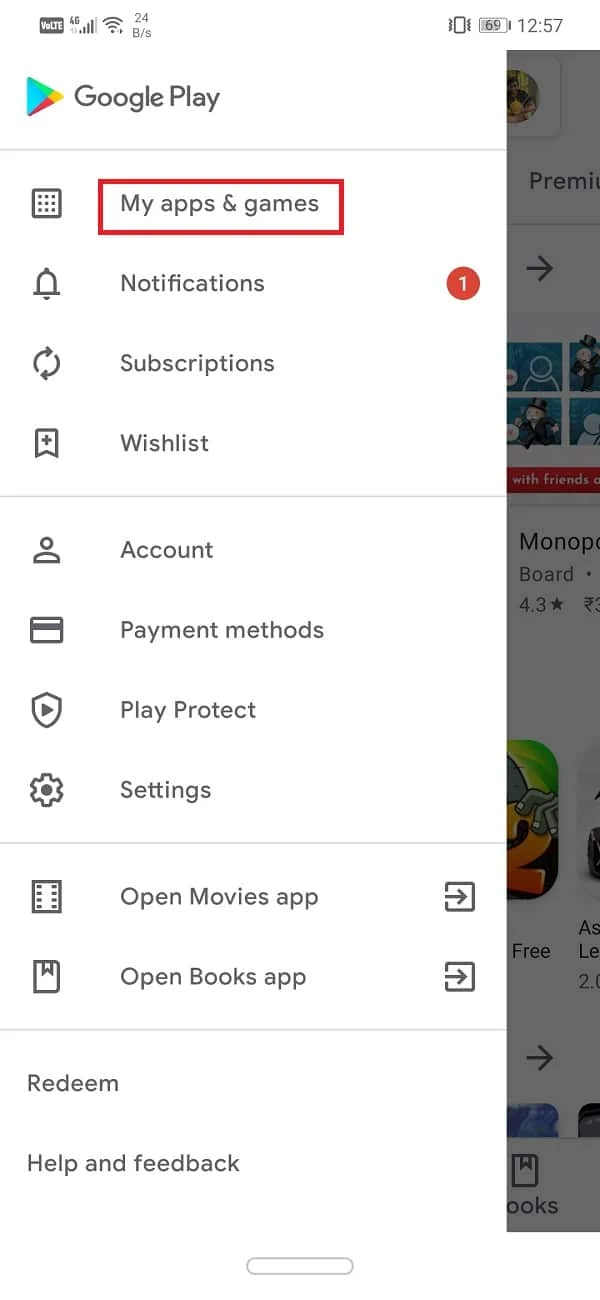 appuyez sur l'option Mes applications et jeux. | Comment réparer l'erreur de message non envoyé sur Android