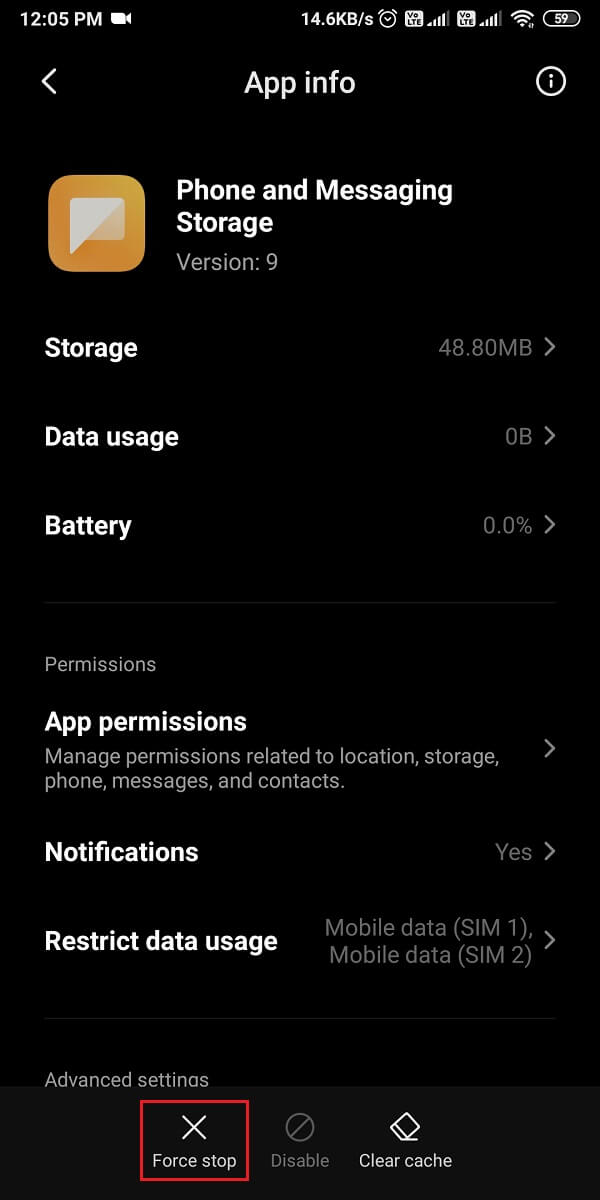 Ouvrez l'application Message et appuyez sur Forcer l'arrêt en bas de l'écran.