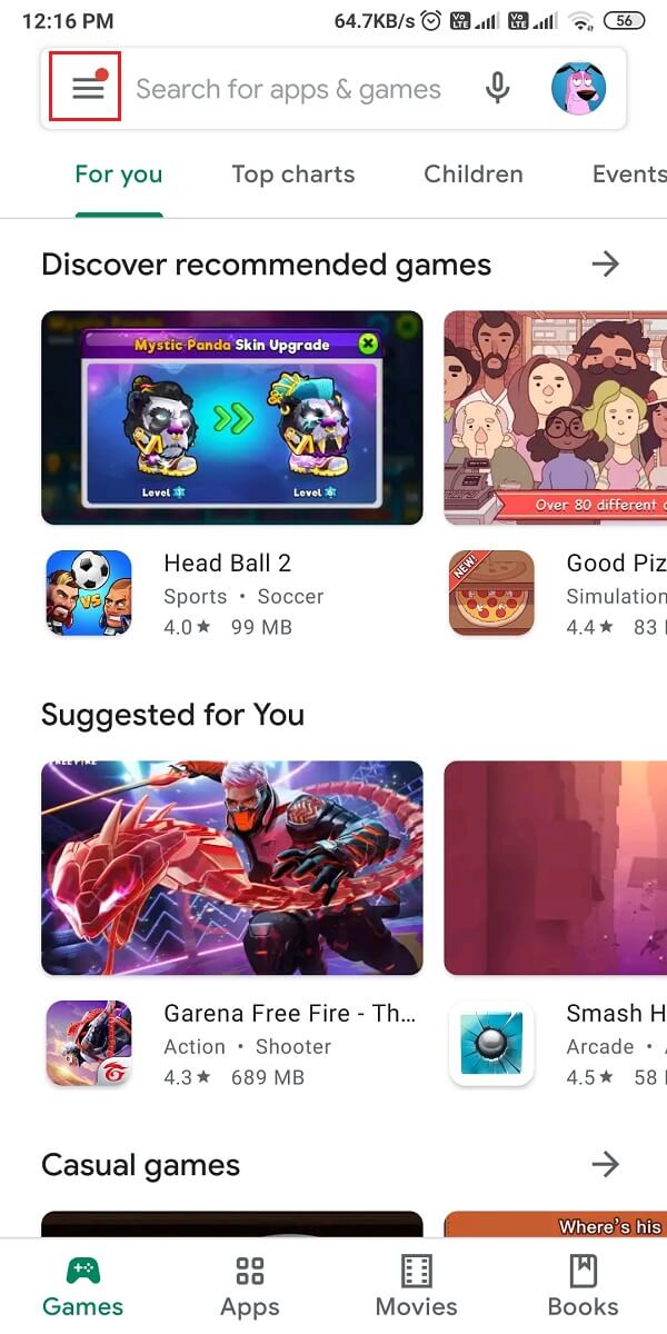 Appuyez sur l'icône Hamburger dans le coin supérieur gauche de l'écran.