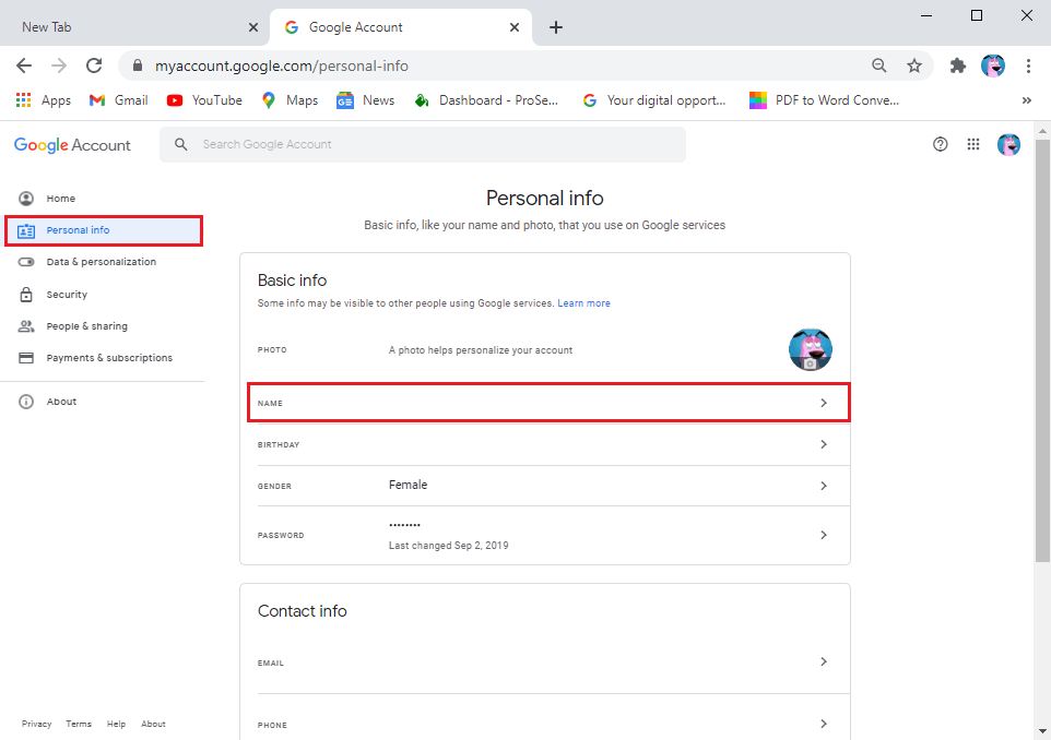 În fila cu informații personale, dați clic pe numele dvs. | Schimbați-vă numele Numărul de telefon și alte informații din Contul Google