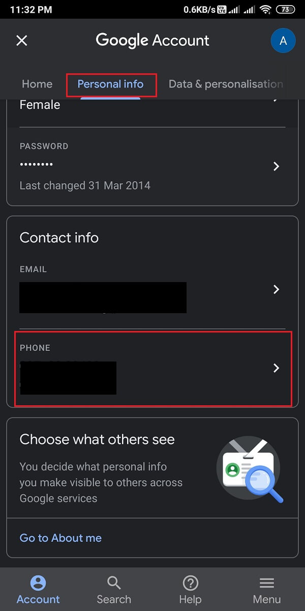 Derulați în jos la secțiunea „Informații de contact” și atingeți numărul dvs. de telefon. | Schimbați-vă numele Numărul de telefon și alte informații din Contul Google