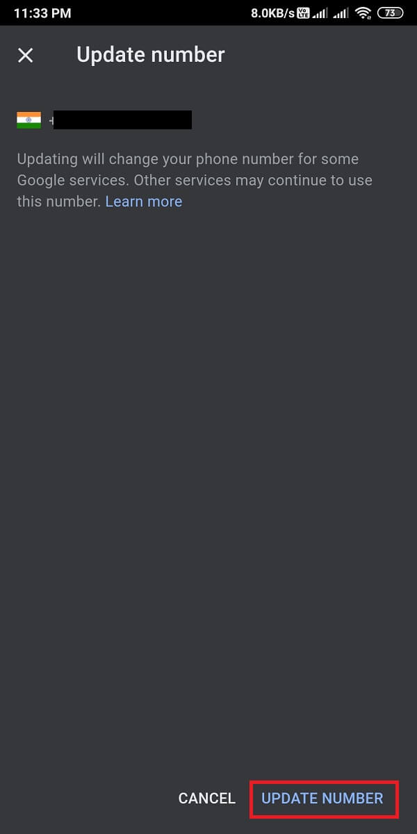 Atingeți „număr de actualizare” din partea de jos a ecranului | Schimbați-vă numele Numărul de telefon și alte informații din Contul Google