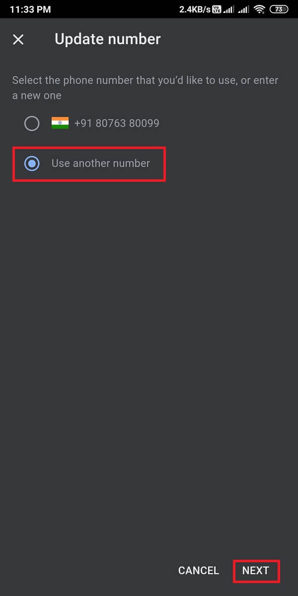 Optați pentru „utilizați alt număr” și atingeți Următorul.