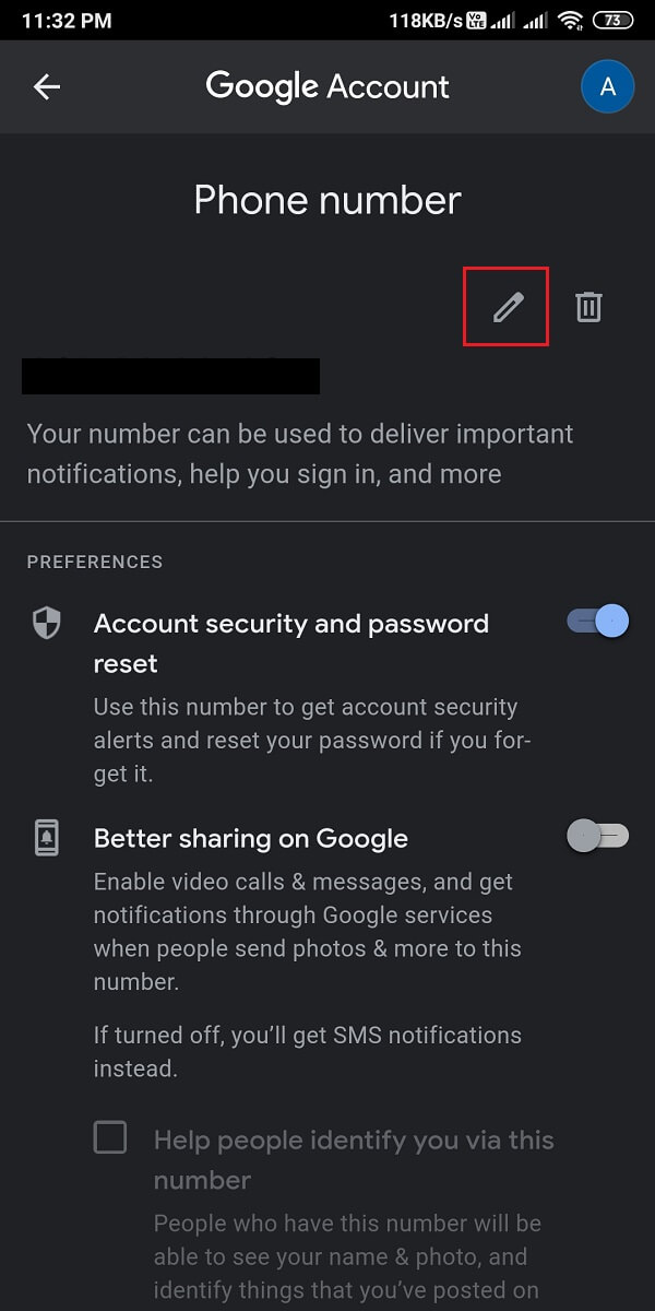 Pentru a vă schimba numărul, atingeți pictograma de editare de lângă numărul de telefon.