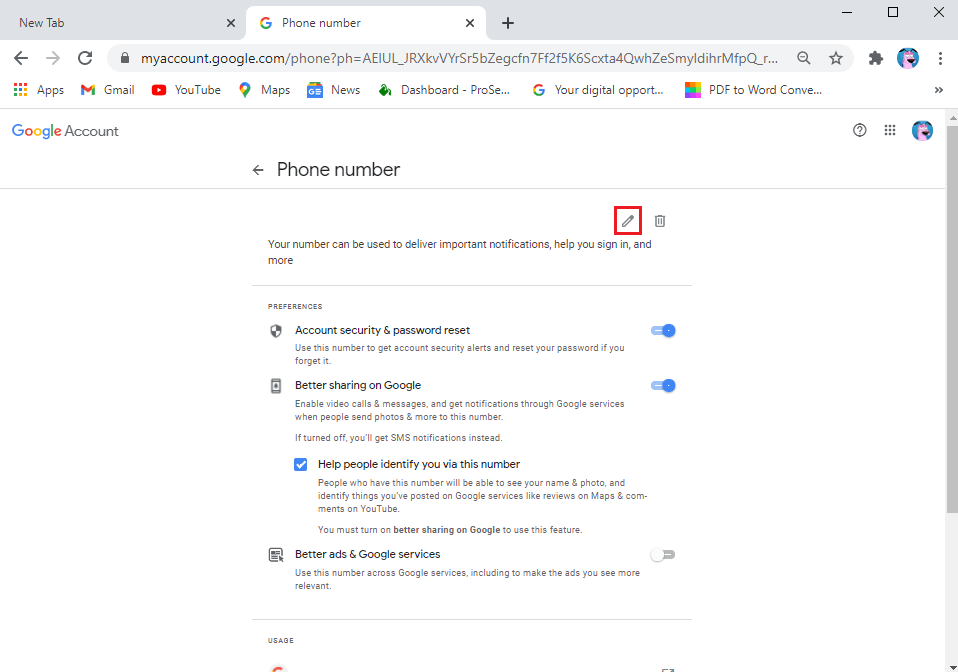 Atinge pictograma de editare de lângă numărul tău de telefon. | Schimbați-vă numele Numărul de telefon și alte informații din Contul Google