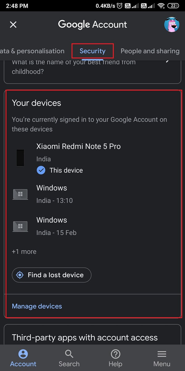 Faites défiler vers le bas et appuyez sur Vos appareils. | Comment supprimer un compte de Google Photos