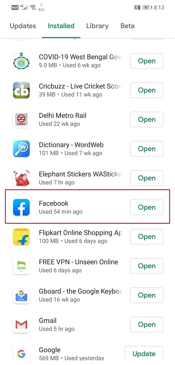 Recherchez Facebook et vérifiez s'il y a des mises à jour en attente | Correction du problème "Facebook News Feed not loading"