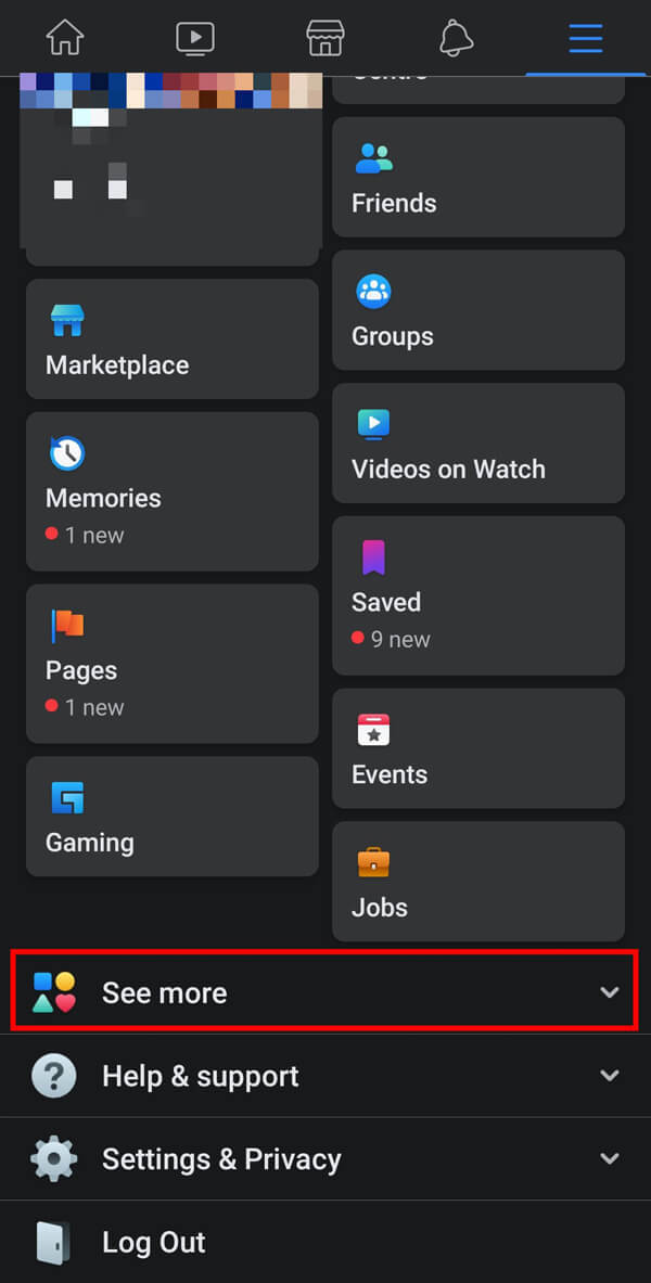 Faites défiler vers le bas et appuyez sur l'option Voir plus pour accéder à plus d'options. | Correction du problème "Facebook News Feed not loading"