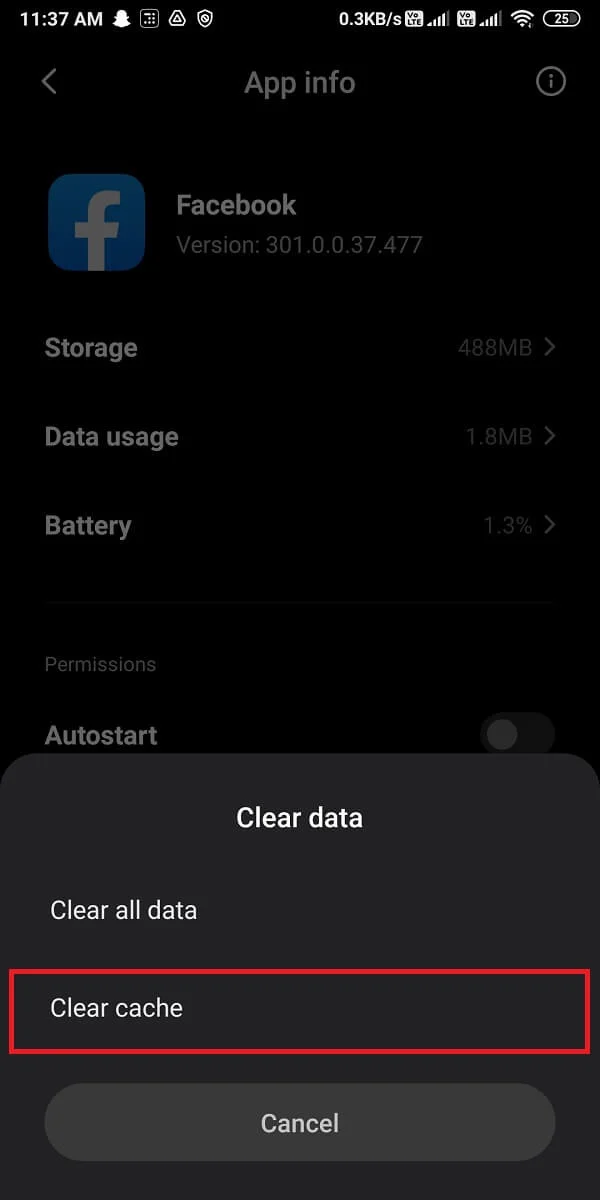 Une nouvelle boîte de dialogue apparaîtra, dans laquelle vous devrez cliquer sur "Effacer le cache".