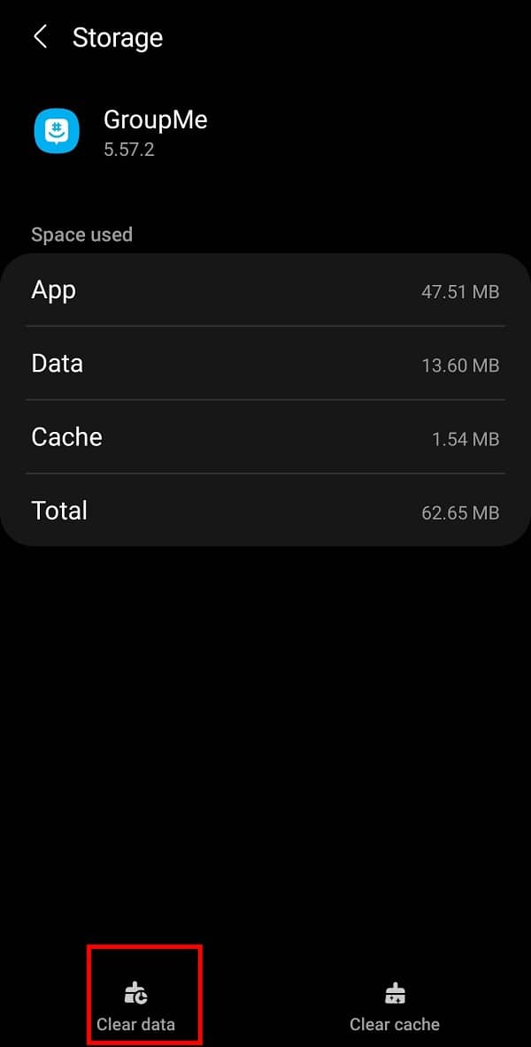 Vous pouvez supprimer des données de l'application GroupMe en appuyant sur l'option Effacer les données