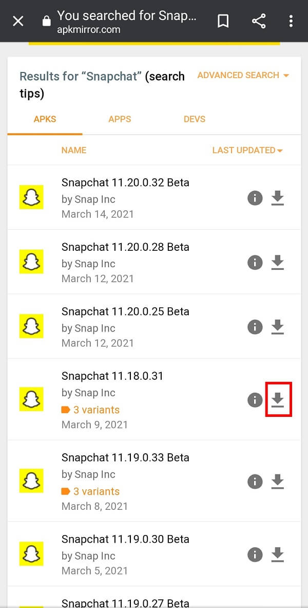 Jika Anda tahu nama versi yang ingin Anda kembalikan, ketuk "Ikon Unduh" di depannya