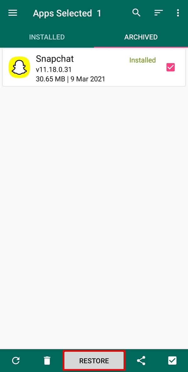 Pilih "Versi Snapchat" yang ingin Anda instal. Ketuk tombol Pulihkan | Bagaimana cara menyingkirkan Pembaruan Snapchat