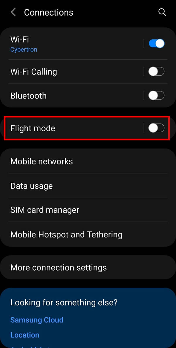 Sélectionnez l'option Flight Mode et activez-la en appuyant sur le bouton adjacent.