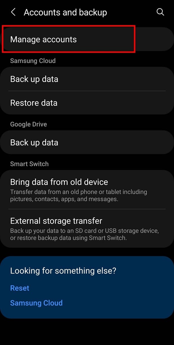 appuyez sur l'option Gérer le compte sur l'écran suivant.
