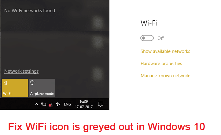 Исправить значок WiFi неактивен в Windows 10