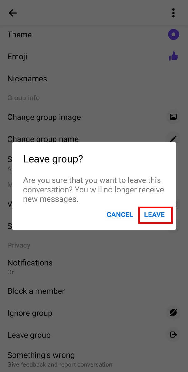 appuyez sur le bouton Quitter pour quitter le groupe | Comment quitter une discussion de groupe dans Facebook Messenger