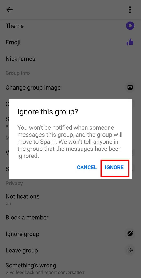 appuyez sur le bouton Ignorer pour masquer les notifications de groupe | Comment quitter une discussion de groupe dans Facebook Messenger
