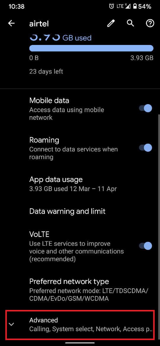 Scorri verso il basso e tocca "Avanzate" per visualizzare tutte le impostazioni.