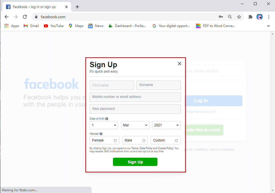 remplissez des détails comme le nom, le numéro de téléphone, la date de naissance, le sexe et le mot de passe. | Comment se débloquer sur Facebook Messenger