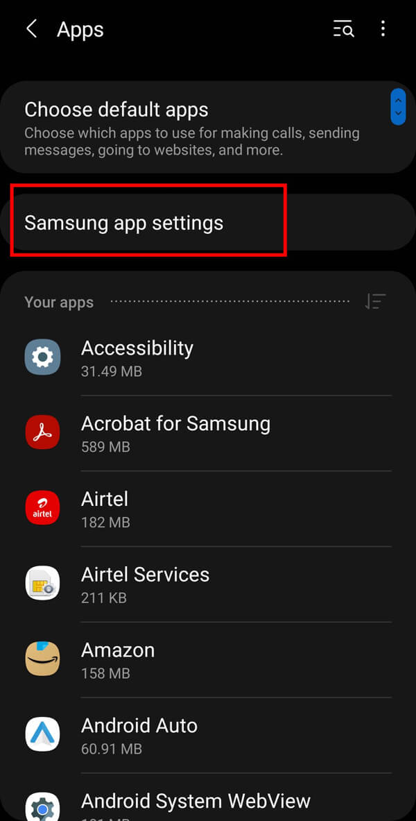 Sélectionnez l'option Applications Samsung à partir de celle-ci.