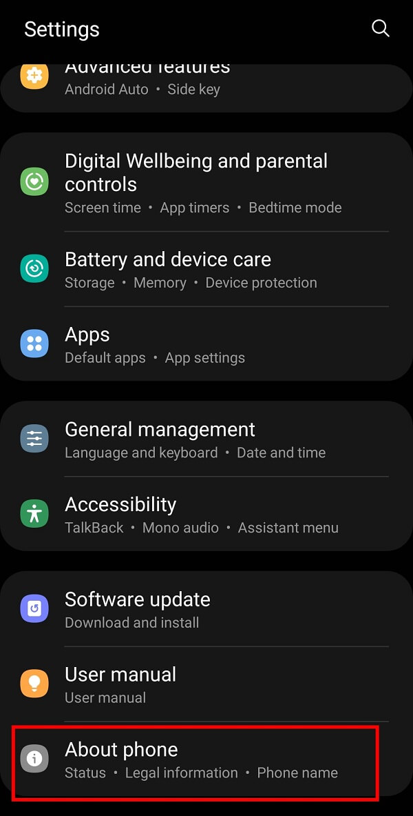 Ouvrez les "Paramètres" de votre mobile et appuyez sur l'option À propos du téléphone dans le menu