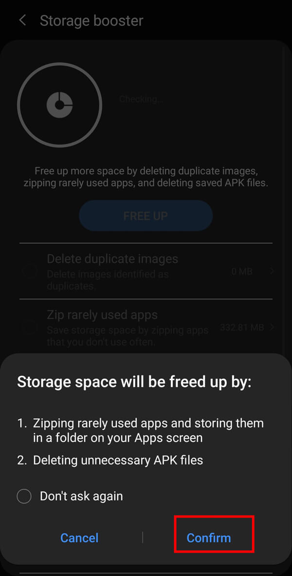 Apoi atingeți opțiunea Confirmare pentru a șterge stocarea internă.