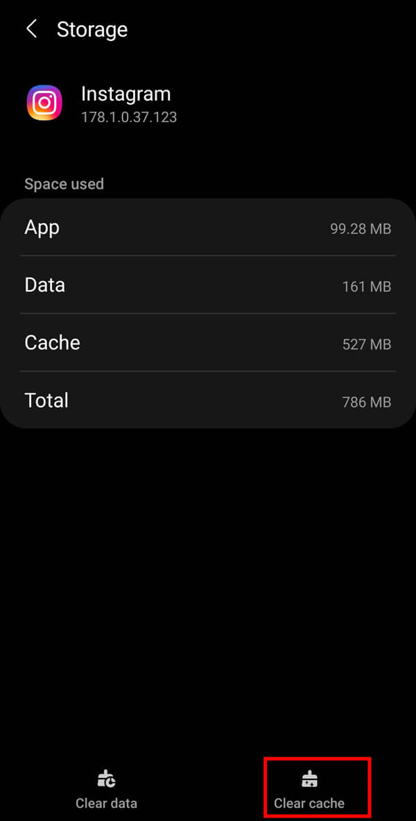 Infine, tocca l'opzione Cancella cache | Come annullare un caricamento su Instagram
