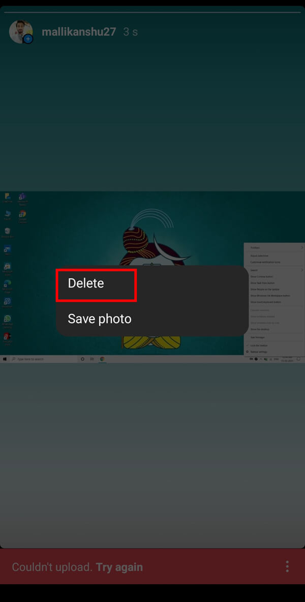 Infine tocca l'opzione Elimina. | Come annullare un caricamento su Instagram