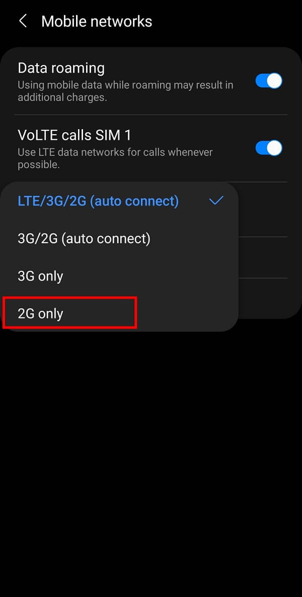 appuyez sur l'option 2G uniquement. | Correction du problème "Appels d'urgence uniquement et aucun service" sur Android