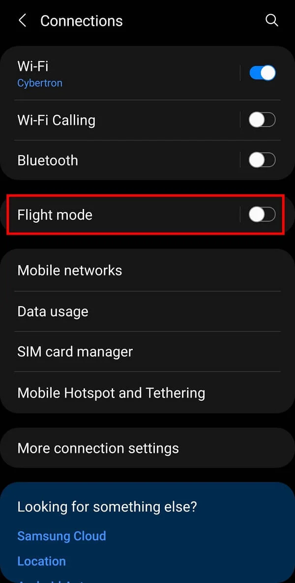 Sélectionnez l'option Flight Mode et activez-la en appuyant sur le bouton adjacent.