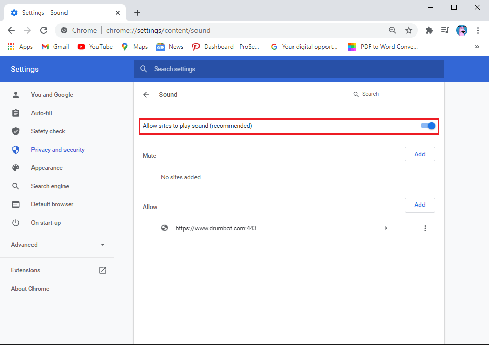appuyez sur Son et assurez-vous que la bascule à côté de "Autoriser les sites à diffuser du son (recommandé)" est activée.