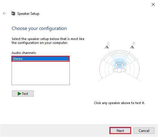 Appuyez sur Stéréo sous les canaux audio et cliquez sur Suivant. | Résoudre le problème d'absence de son dans Google Chrome
