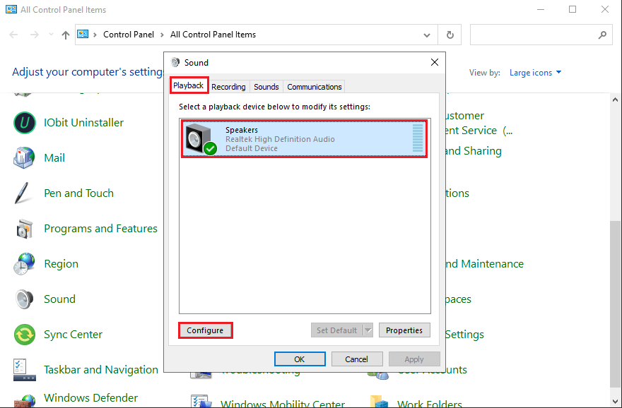 Maintenant, sous l'onglet Lecture, vous verrez vos haut-parleurs connectés. Cliquez dessus et sélectionnez Configurer