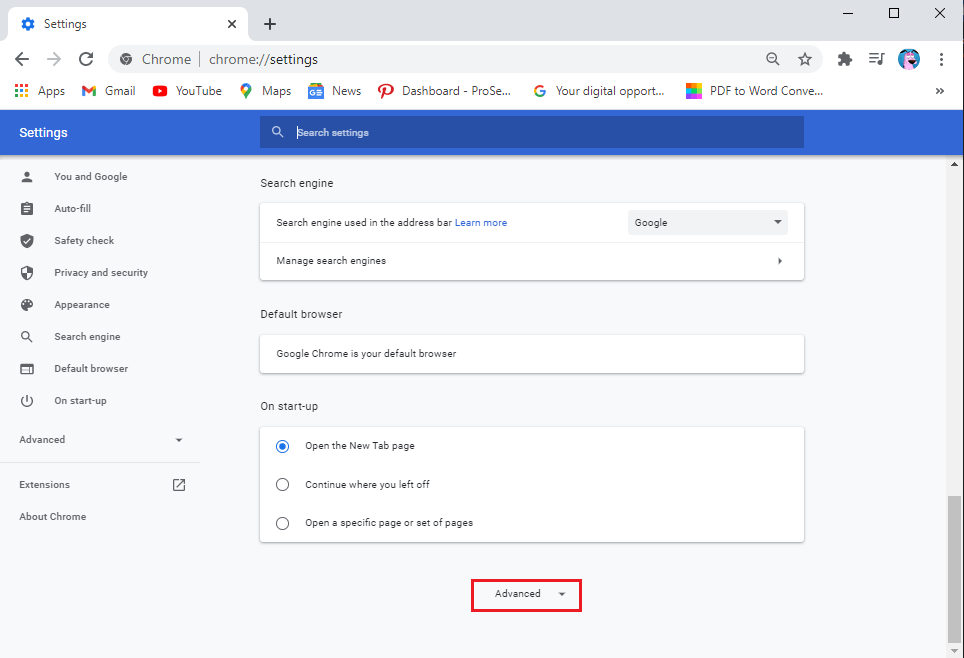 Faites défiler vers le bas et cliquez sur Avancé.