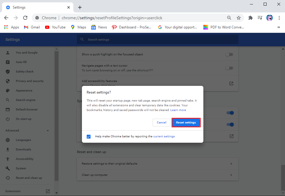 Une fenêtre de confirmation apparaîtra, où vous devrez cliquer sur Réinitialiser les paramètres.