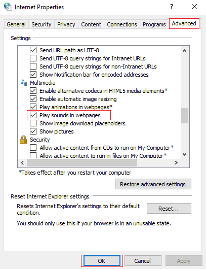 assurez-vous de cocher la case à côté de "Jouer des sons dans les pages Web".